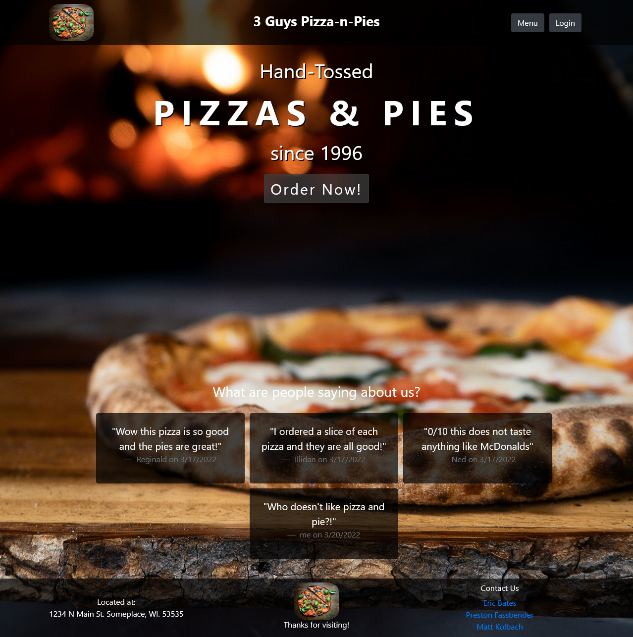 screenshot of my project 2 homepage - 3 guys pizza n pies